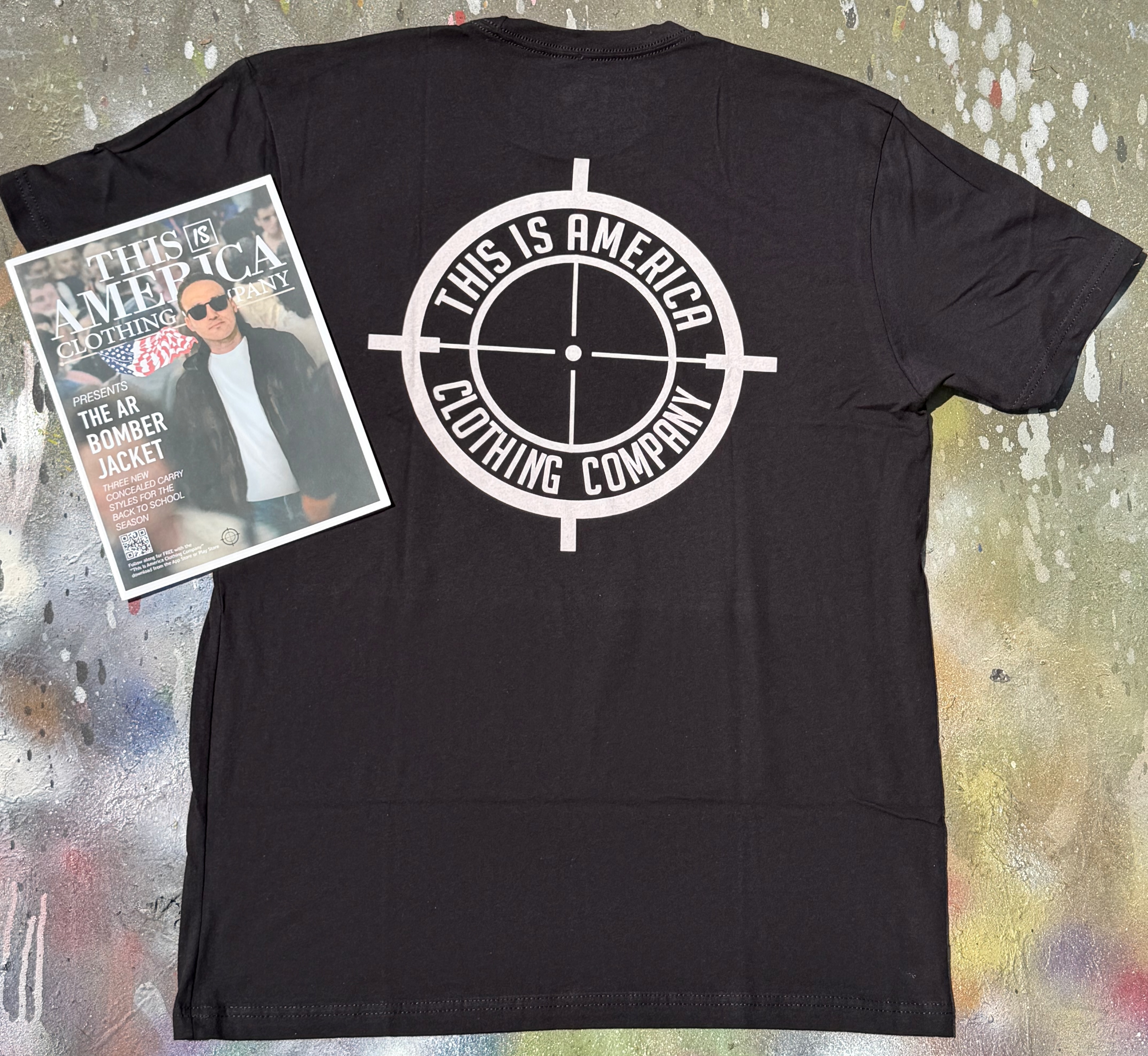 Target On Your Back tee shown with The AR Bomber Jacket catalog